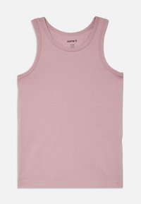 Detské tielko bez rukávov v svetlom fialovom odtieni z bavlny, s okrúhlym výstrihom a viditeľným šitím okolo okrajov.