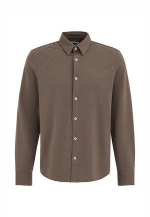 Brown long-sleeve shirt with a collared neckline, front button closure, and a textured fabric finish. Features a straight hem and button cuffs.