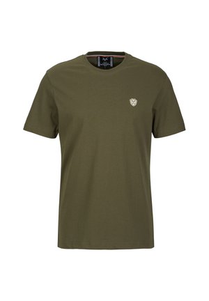 Olijfgroene katoenen t-shirt met een ronde hals, korte mouwen en een klein logo-embleem op de linkerborst. Glad textuur, casual ontwerp.