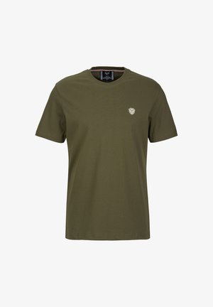 Olivenfarbene Baumwoll-T-Shirt mit Rundhalsausschnitt, kurzen Ärmeln und einem kleinen Logo-Emblem auf der linken Brust. Glatte Textur, lässiges Design.