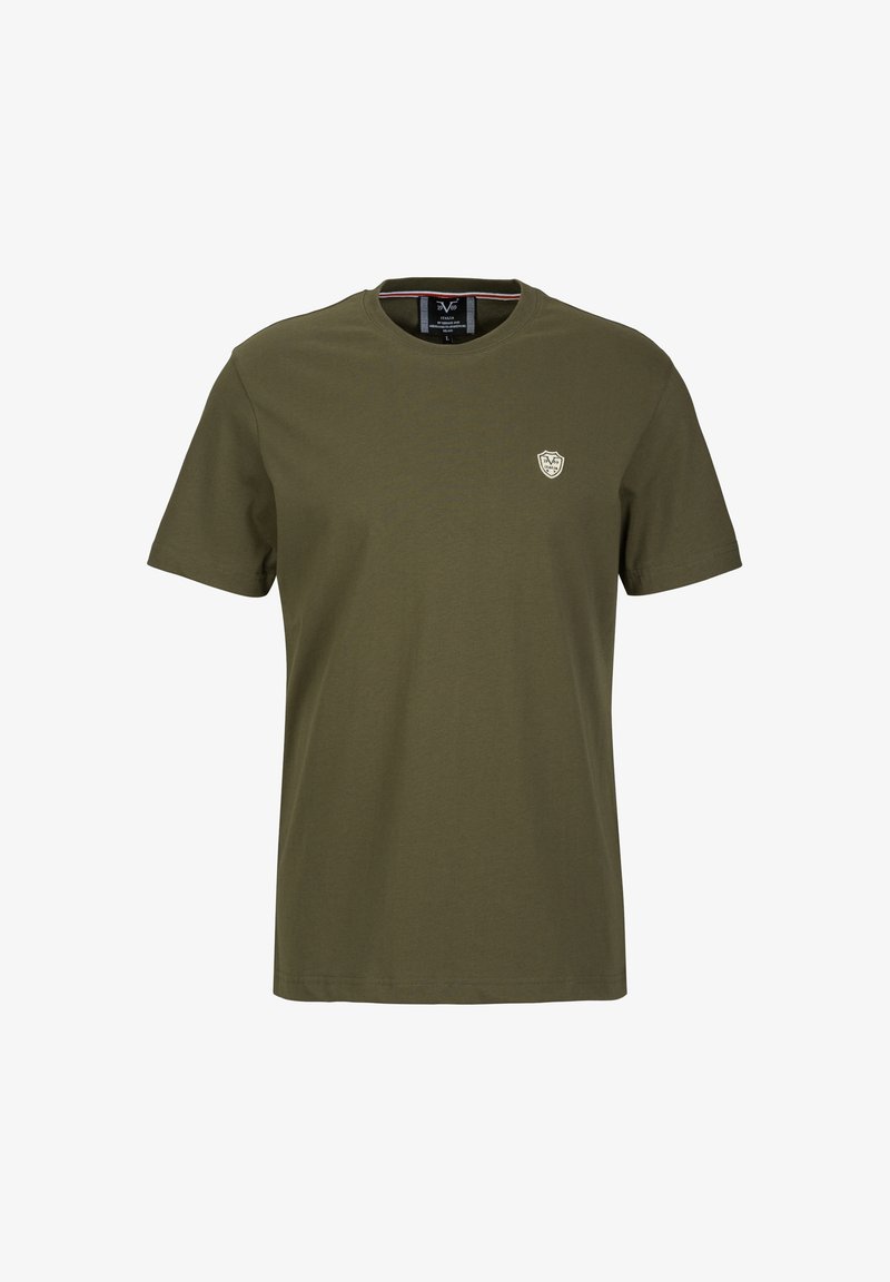 Olivenfarbene Baumwoll-T-Shirt mit Rundhalsausschnitt, kurzen Ärmeln und einem kleinen Logo-Emblem auf der linken Brust. Glatte Textur, lässiges Design.