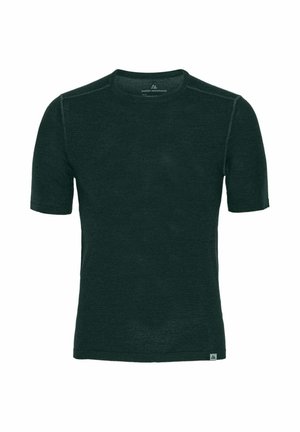 Maglietta da uomo a maniche corte girocollo di colore verde scuro con cuciture visibili e una piccola etichetta con il logo sull'orlo inferiore.