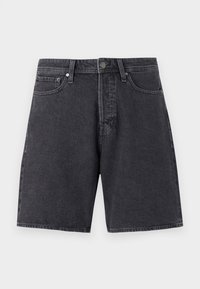 Svarta denimshorts med rak skärning, fem fickor och framknäppning. Sliten look med subtila blekningar och en klassisk design.
