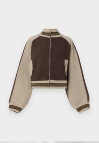 Brown and beige cropped knit jacket with a high collar, full zip front, and striped ribbed trims; features wide balloon sleeves and side pockets.