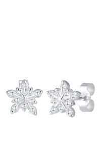 Boucles d'oreilles en argent en forme de flocons de neige, ornées de plusieurs pierres précieuses transparentes disposées en formes de goutte et rondes pour un éclat supplémentaire.