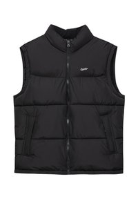 Černá prošívaná vesta s vysokým límcem, zapínáním vpředu na zip a dvěma bočními kapsami. Má prošívaný vzor s hladkým povrchem.