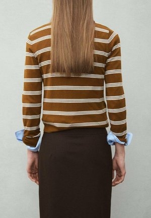 Oseba z dolgimi ravnimi lasmi nosi rjav in bel črtast pulover čez modro srajco ter temno krilo, stoji pred enostavnim ozadjem.