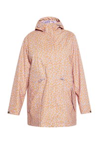 Ūdensnecaurlaidīgs apģērbs maiga oranžā krāsā ar leoparda rakstu. Iekļauj kapuci, divas priekšējās kabatas un regulējamās saites jostas daļā.