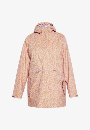 Waterdichte jas in pasteloranje met een luipaardprint. Bevat een capuchon, twee voorzakken en verstelbare trekkoorden in de taille.
