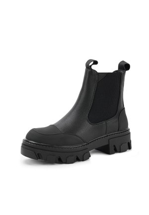 Black ankle boots with a textured leather upper, elastic side panels, and a chunky rubber sole featuring a zigzag pattern.
