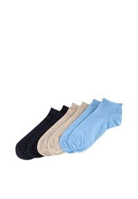 Fem par ankelstrømper i marineblå, brun, beige og lyseblå. Lavet af blødt, strækbart stof med en glat tekstur og ribbede toppe.