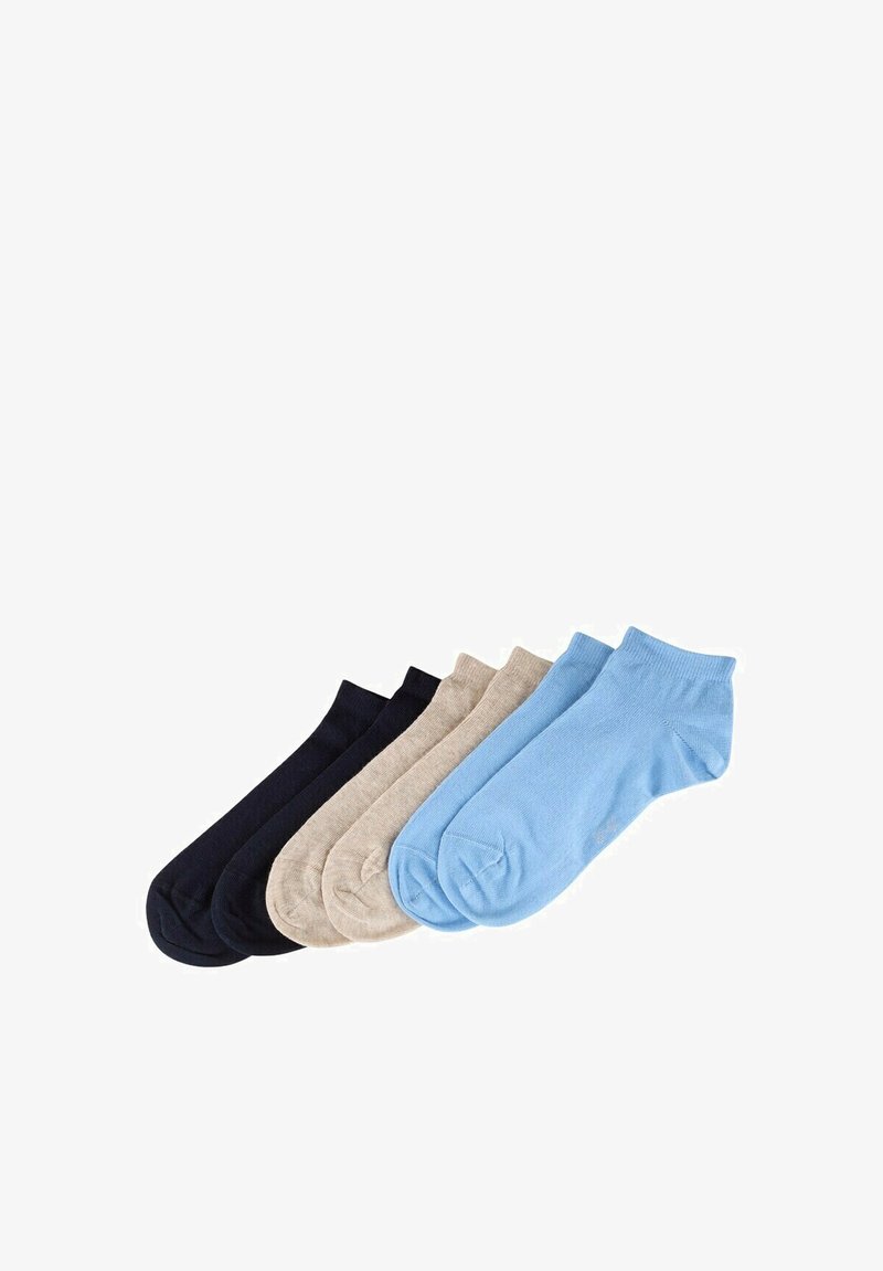 Cinco pares de calcetines cortos en navy, marrón, beige y azul claro. Fabricados en un tejido suave y elástico con una textura lisa y con una parte superior acanalada.