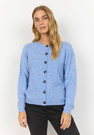 Light blue cardigan made of soft knit fabric, featuring a round neckline, long sleeves, and brown buttons along the front.