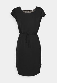 Zwarte jurk met een vierkante halslijn met kantdetail, korte mouwen, een verkwikt taille met een strik en een licht gebogen zoom.