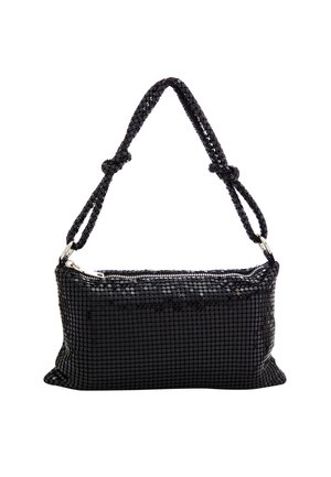 Borsa rettangolare nera ricoperta di piccole paillettes, con un manico a corda annodata e una chiusura superiore con zip. Texture liscia e finitura lucida.