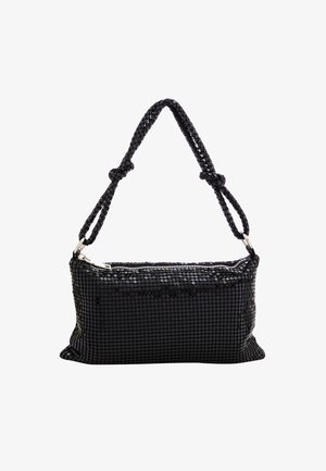 Sac rectangulaire noir recouvert de petites paillettes, doté d'une poignée en corde nouée et d'une fermeture éclair sur le dessus. Texture lisse et finition brillante.