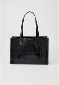 Schwarze Lack-Ledertasche mit Krokodillederstruktur, rechteckiger Form und zwei langen Griffen. Oben befindet sich ein dezentes Markenlogo.