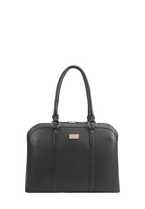 Black leather handbag with dual handles, gold-tone hardware, and a rectangular metal logo plate centered on the front.
