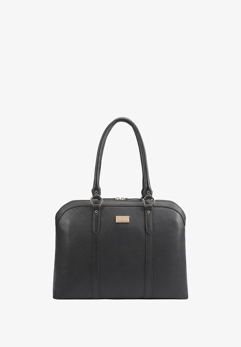 Zwarte leren handtas met dubbele handvatten, gouden hardware en een rechthoekige metalen logoplaat in het midden van de voorkant.