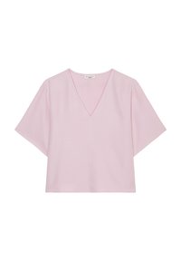 Top rosa a V con maniche corte, realizzato in tessuto liscio, con una vestibilità ampia e un design semplice. Nessun motivo o dettaglio visibile.
