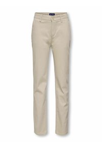 Beige bomulds chinos med lige ben, knaplukning og bæltestropper. Har frontlommer og et logo mærke ved taljen.