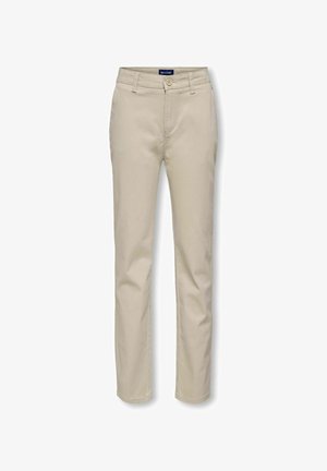 Beżowe bawełniane chinosy o prostym kroju, z zapięciem na guzik i szlufkami na pasek. Posiadają kieszenie z przodu oraz metkę z logo w pasie.