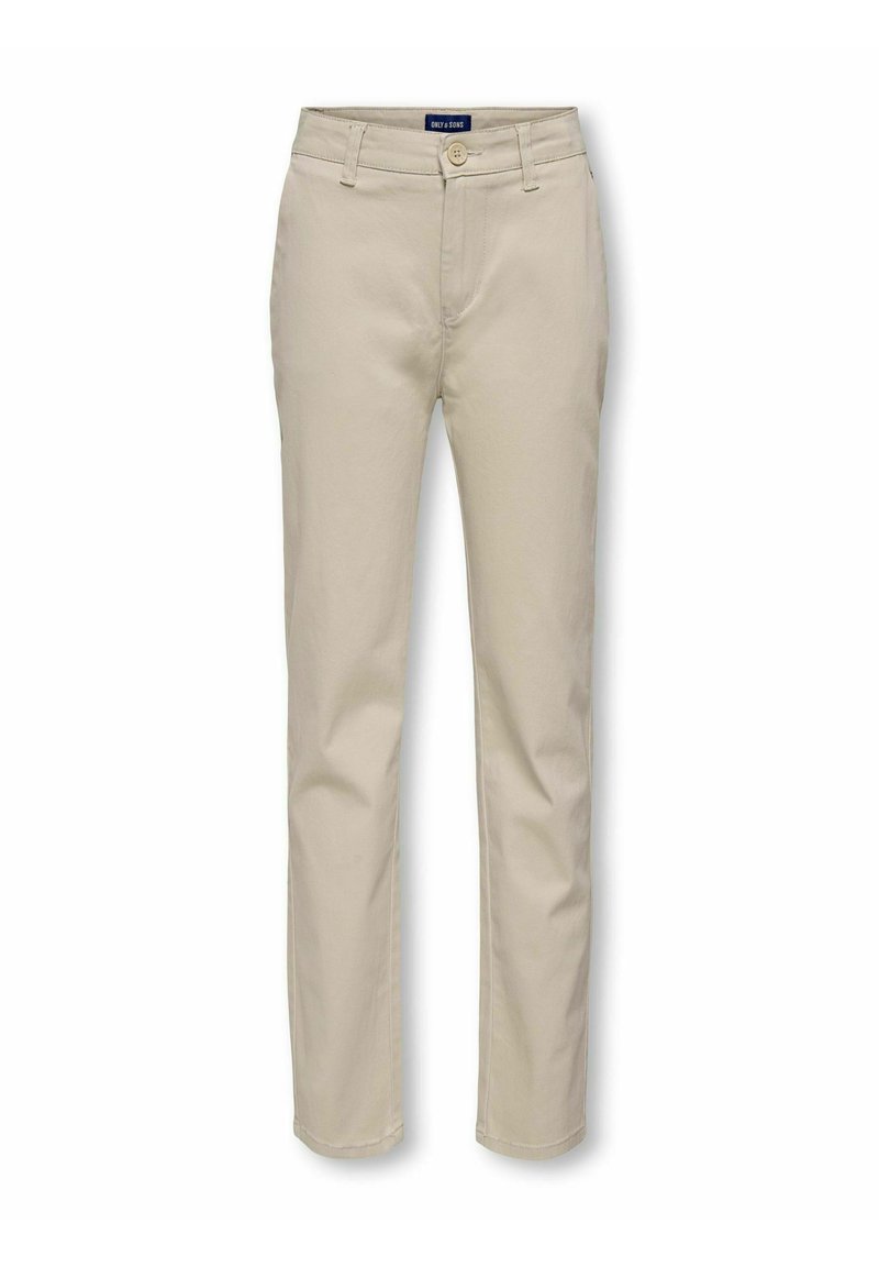 Beige bomulds chinos med lige ben, knaplukning og bæltestropper. Har frontlommer og et logo mærke ved taljen.