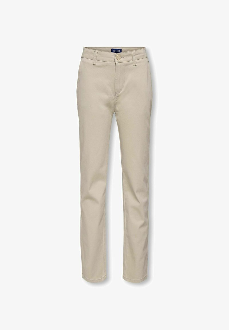 Chinos en coton beige avec une coupe droite, fermeture à bouton et passants de ceinture. Présente des poches avant et une étiquette logo à la taille.