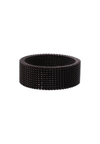 Bracciale in rete intrecciata nera con forma cilindrica liscia; superficie testurizzata caratterizzata da filamenti metallici intrecciati.