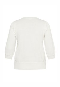 White knit sweater with three-quarter sleeves, rounded neckline, and ribbed hem. Soft texture with a uniform pattern throughout.