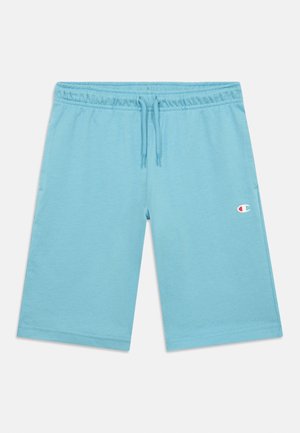 Light blue athletic shorts made of soft fabric, featuring an elastic waistband with drawstring and a small logo detail on the side.