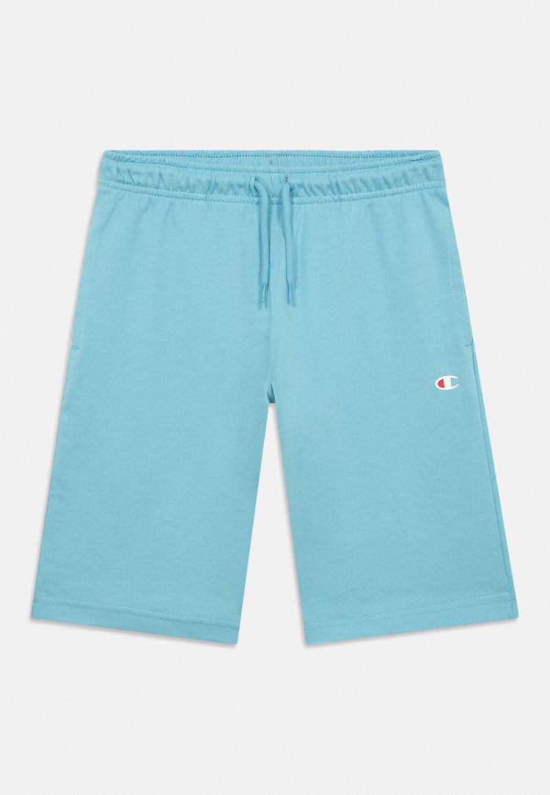 Shorts de sport bleu clair en tissu doux, dotés d'une taille élastique avec cordon de serrage et d'un petit logo sur le côté.