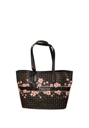Borsa tote nera con motivo a ripetizione della lettera "P", disegni floreali rosa, marchio "POLLINI" e due spallacci.