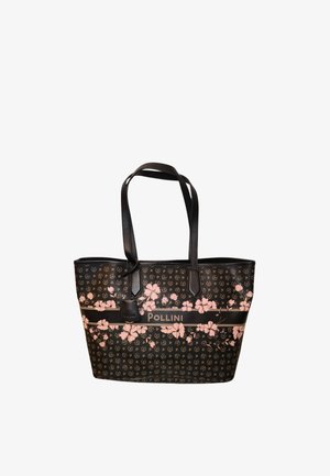 Borsa tote nera con motivo a ripetizione della lettera "P", disegni floreali rosa, marchio "POLLINI" e due spallacci.