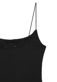Débardeur noir à fines bretelles, en tissu lisse, avec un décolleté rond et une coupe ajustée. Design minimaliste sans motifs ni éléments métalliques.