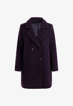 Paarse dubbel-breasted jas met een geknipt kraag, gestructureerde stof, twee voorzakken en zwarte knopen; heeft een soepel binnenvoering.