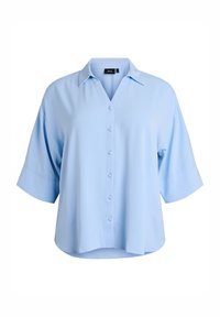 Light blue short-sleeve blouse with collar, front-covered buttons, and loose fit, hanging on a white background.