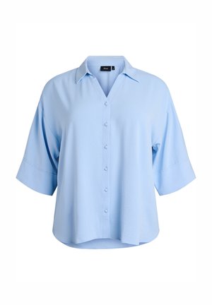 Light blue short-sleeve blouse with collar, front-covered buttons, and loose fit, hanging on a white background.