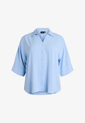 Light blue short-sleeve blouse with collar, front-covered buttons, and loose fit, hanging on a white background.