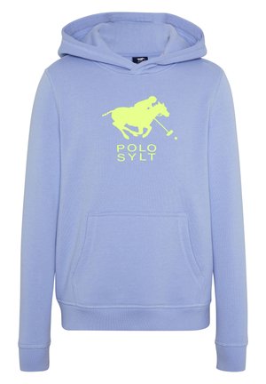 Lichtpaarse hoodie met voorzak, neongele graphic van een polo-speler en de tekst "POLO SYLT" op de borst.