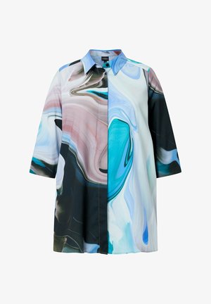 Langärmliges Hemd zum Knöpfen mit marmorierten, abstrakten Mustern in Blau-, Schwarz-, Weiß- und Rosa-Tönen.