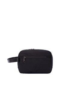 Zwarte rechthoekige tas van textielmateriaal, met een bovenste ritssluiting, een voorste ritsvak en een zijhandvat.