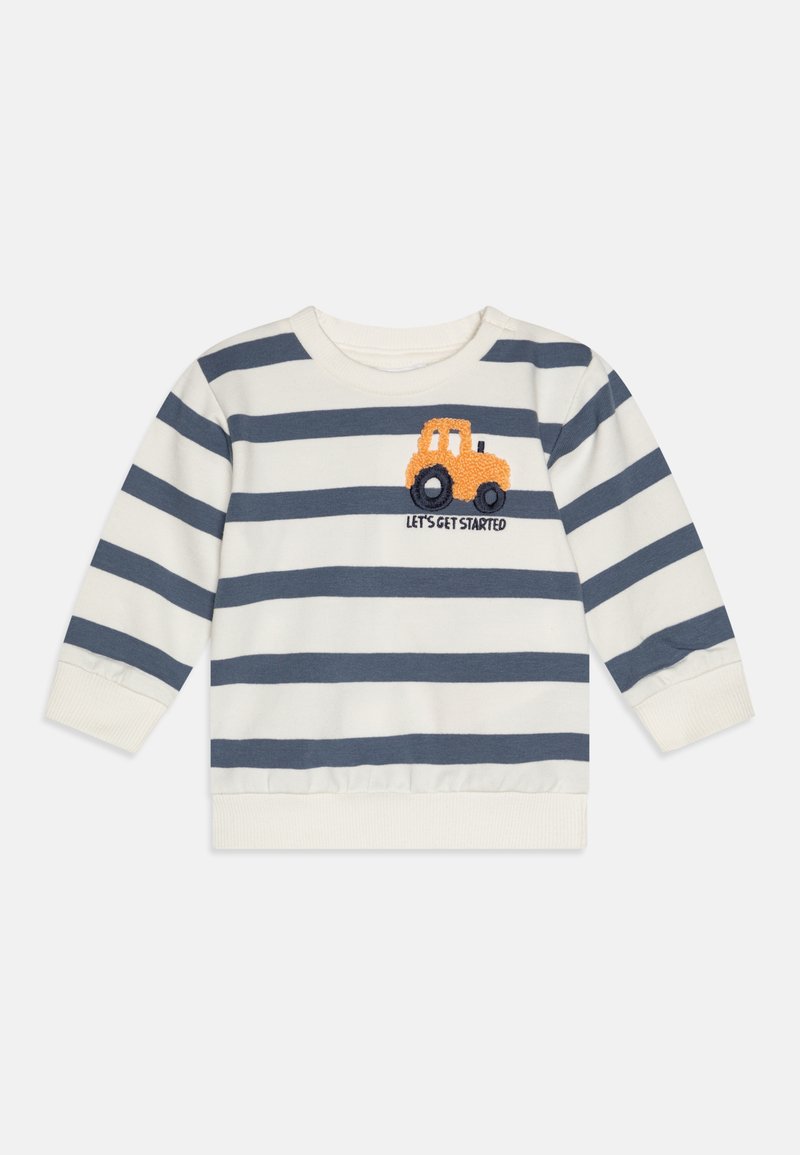 Sudadera a rayas en colores blanco y azul marino, con un diseño texturizado de un tractor naranja y el texto bordado "EMPECEMOS".