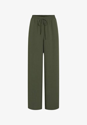 Pantalons amples en olive, fabriqués dans un tissu doux, dotés d'une taille élastique avec un cordon de serrage et de jambes larges.