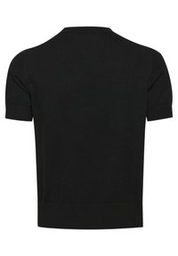 Maglione corto a maniche corte nero con scollatura rotonda, orlo e polsini a coste, caratterizzato da una texture liscia e un design minimalista.