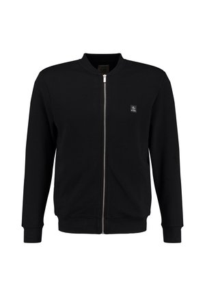 Czarna bluza z długim rękawem, zapinana na zamek, z prążkowanym kołnierzykiem i mankietami, przednimi kieszeniami oraz małą naszywką z logo na lewej piersi.