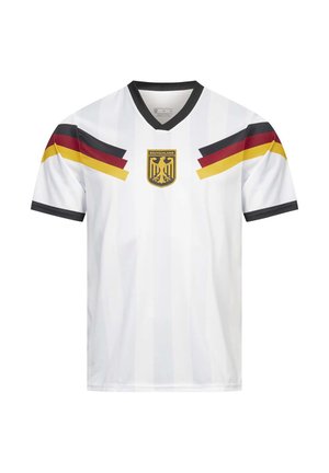 White short-sleeve sports jersey with black V-neck, German eagle crest on chest, and black, red, yellow stripes on shoulders and sleeves.