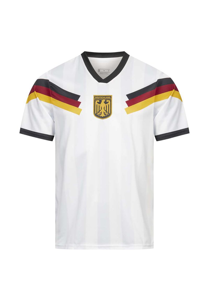 White short-sleeve sports jersey with black V-neck, German eagle crest on chest, and black, red, yellow stripes on shoulders and sleeves.