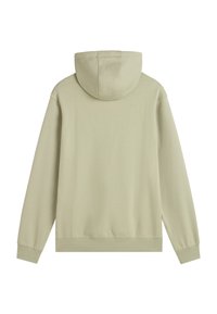 Hoodie verde chiaro con cappuccio strutturato, maniche lunghe e tessuto morbido. Presenta polsini e orlo a coste, con una texture liscia e dettagli minimi.