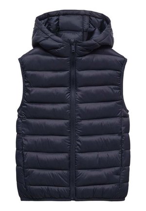 Marineblå ærmeløs dunvest med frontlynlås og fasthætte hætte, med horisontale quiltede syninger for isolering.